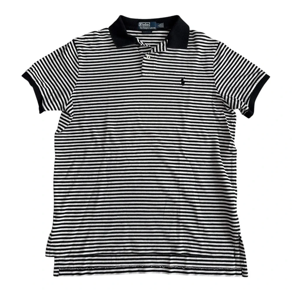 Polo Ralph Lauren Mens Custom Fit Striped Polo Shirt Black White Cotton Large